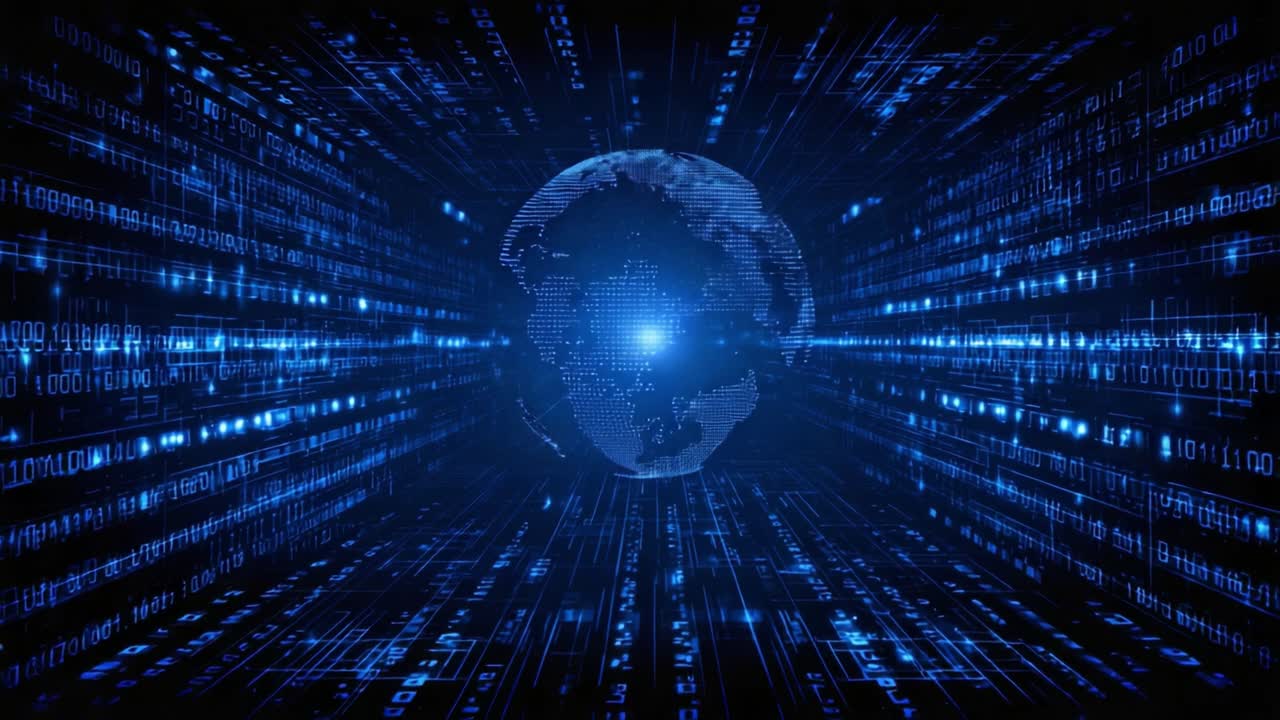 A Stunning Visualization of a Digital World, Highlighting Binary Data Streams and the Global Connectivity of Information, Emphasizing Modern Technology and Cyber Dynamics