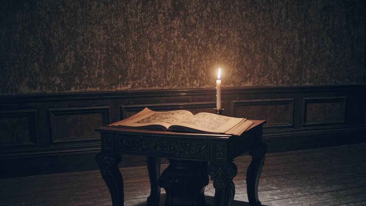 Low-angle video shot of an open book on an ornate table, lit by a single candle