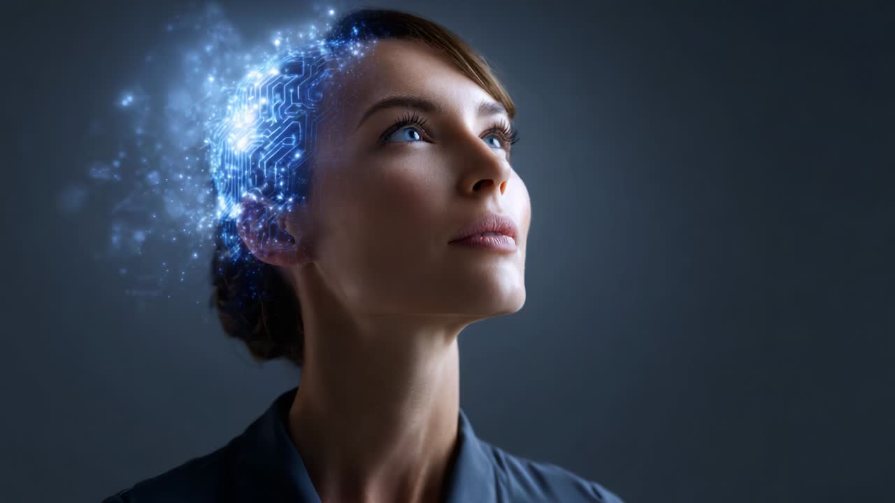 A thoughtful woman gazes upward, her head illuminated with abstract digital patterns representing technology and innovation, symbolizing creativity, intelligence, and the intersection of humanity and machine learning