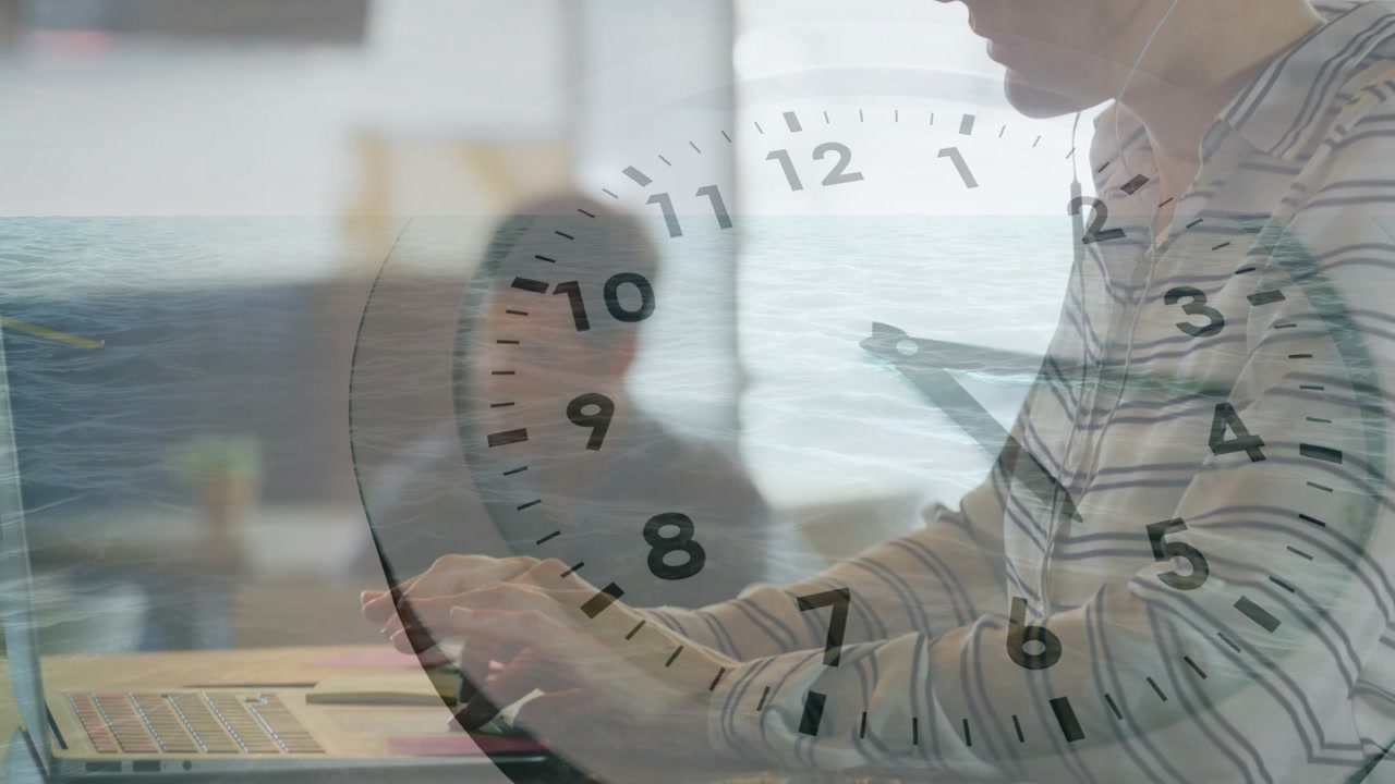 Worker turning head, typing on PC in tech, cam pulling back, clock overlay, water tracking deadline