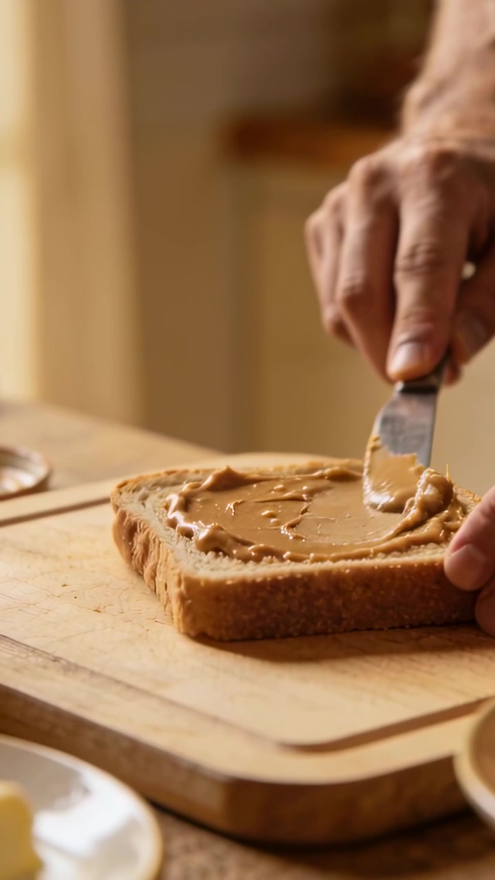Vertical video: Spreading knife drawing spread, hand leveling bread slice on board in kitchen