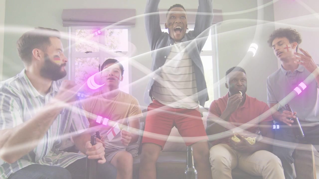 Five men on couch cheering TV goal, center man lifting soccer ball, white-pink streaks flowing over