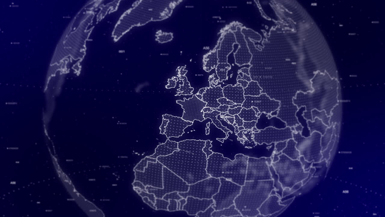 кинофильмный фон показывает цифровой глобус, вращающийся, приближающийся к стране франции.