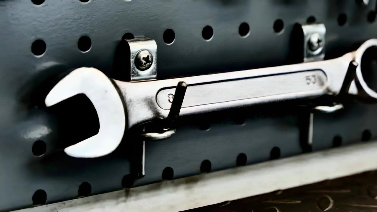 Showing chrome combination wrench hanging on metal pegboard hooks, camera moving closer for detail