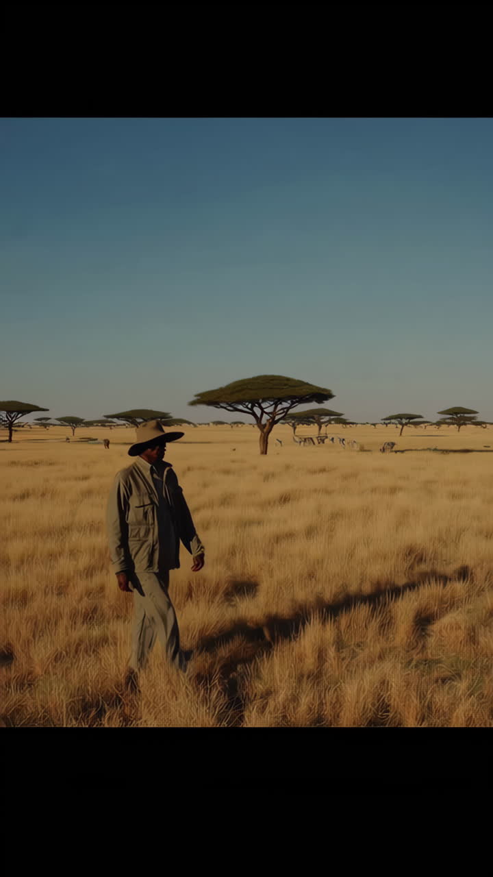 Man Walking Through the African Savanna
