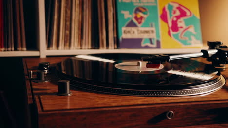 close-up of a vintage record player spinning vinyl