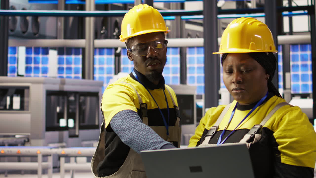 Vertical video Solar panels plant engineering team using laptop to oversee machinery systems