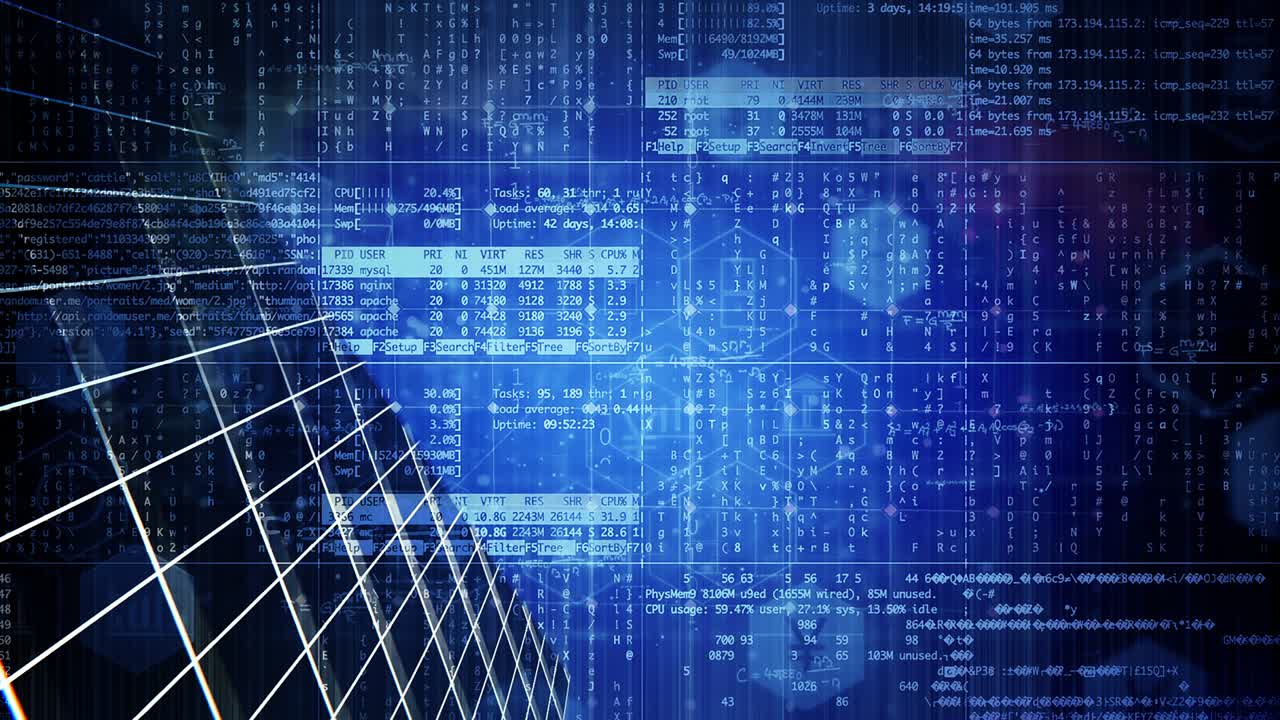 Digital composite video of digital interface with data processing and business themed icons against tall glass skyscrapers cityscape background. computer interface, business and technology concept.