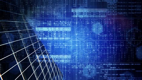 digital composite video of digital interface with data processing and business themed icons against tall glass skyscrapers cityscape background. computer interface, business and technology concept.