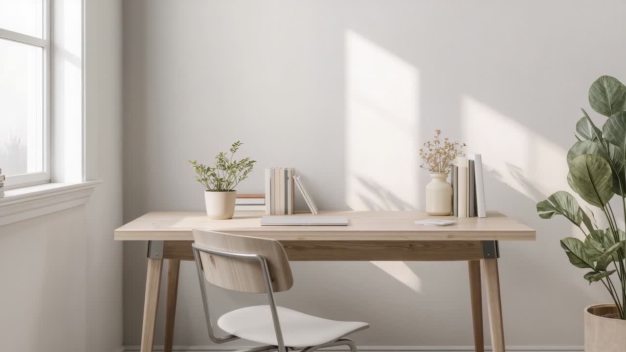 Pushing camera slowly revealing wooden desk workspace at home, with laptop, chair and plants