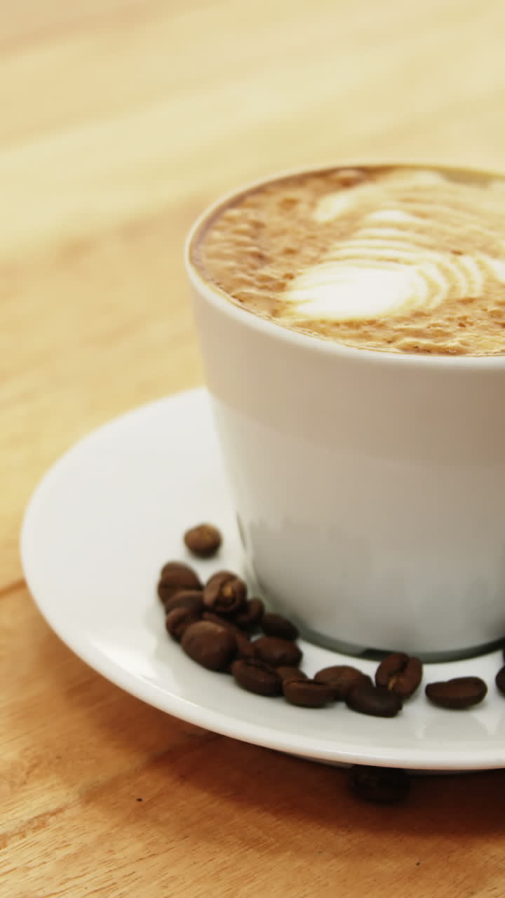 primer plano de una taza de café con platillo y granos de café