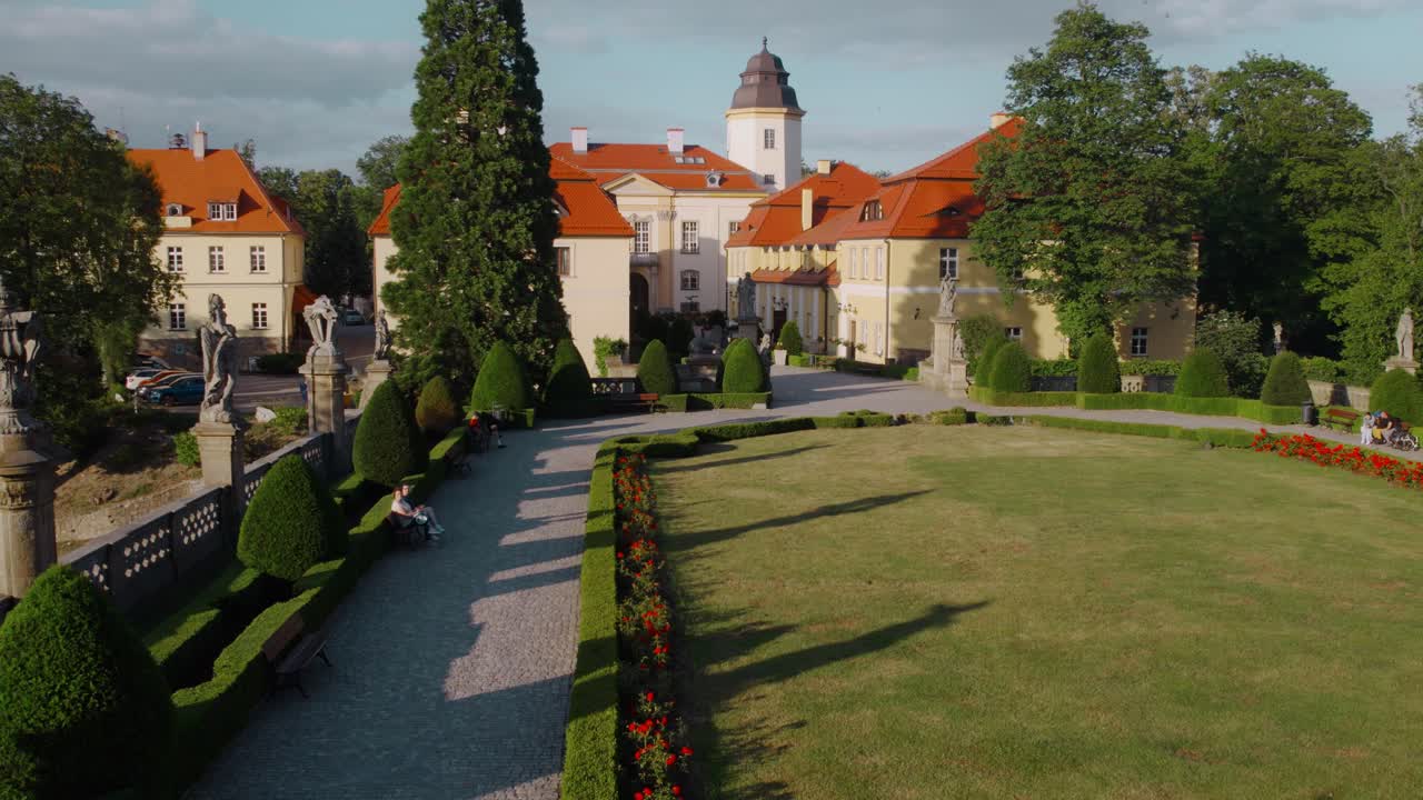 Aerial View of a Beautiful European Castle and Garden