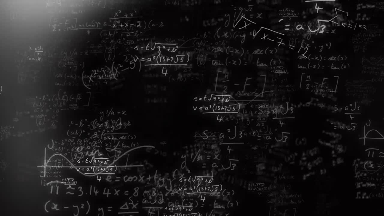 анимация светлых пятен над математическими уравнениями и формулами, плавающими на черном фоне