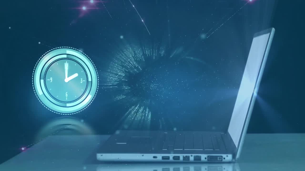 Animation of clock with networks of connections laptop and globe