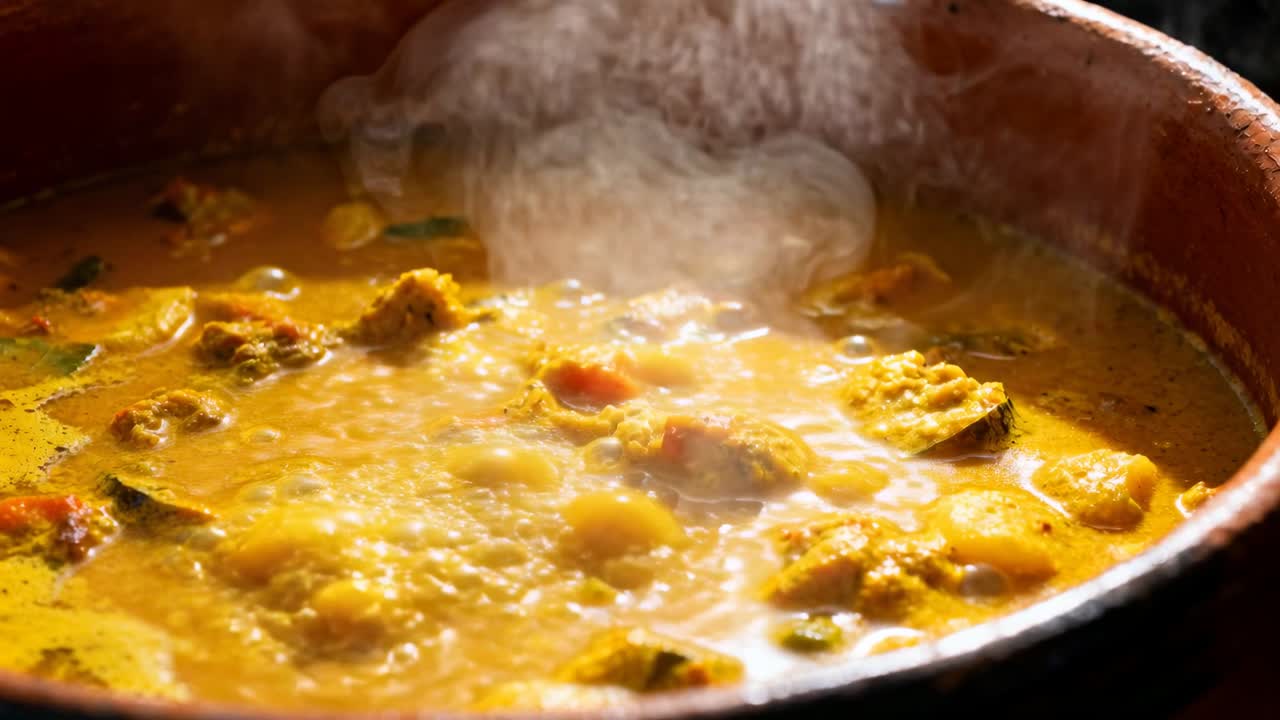 コンロの熱で、大きな土鍋に入った黄色いカレーが煮込みから沸騰へ泡立ち、湯気が立ち上り具材が浮かぶ