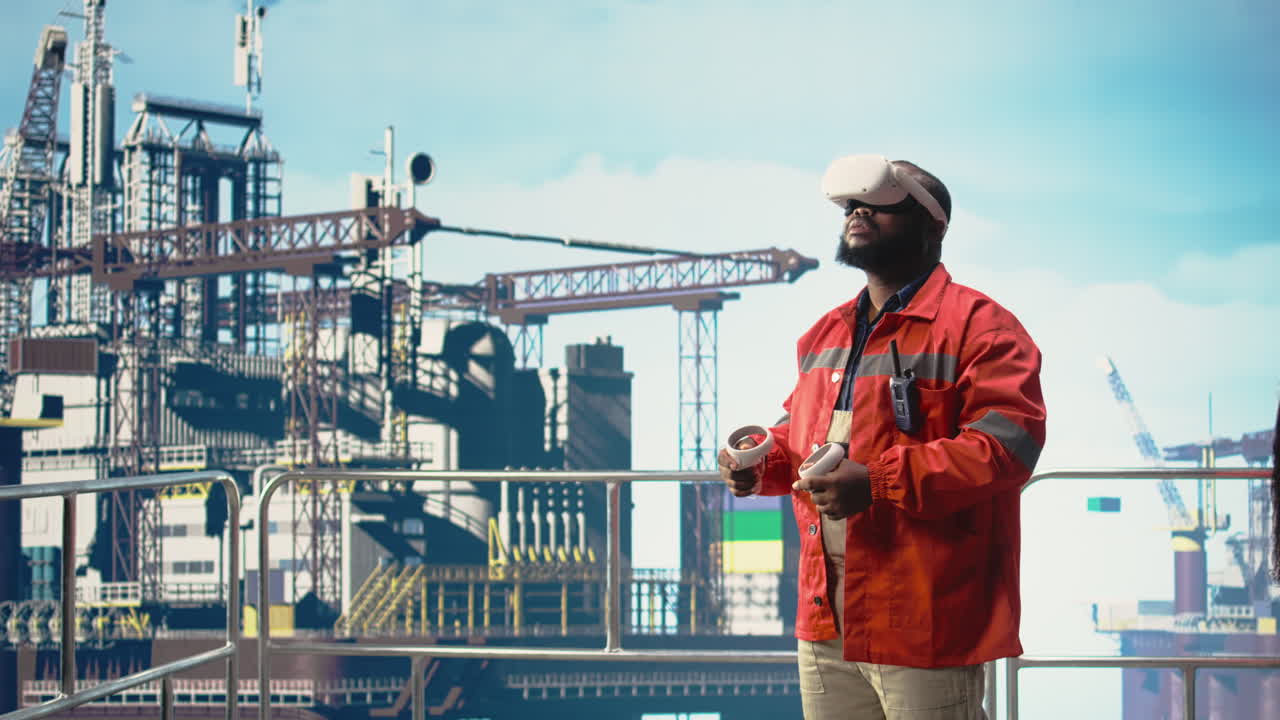 En offshore platformtekniker med VR-briller koordinerer operationen i en vertikal video