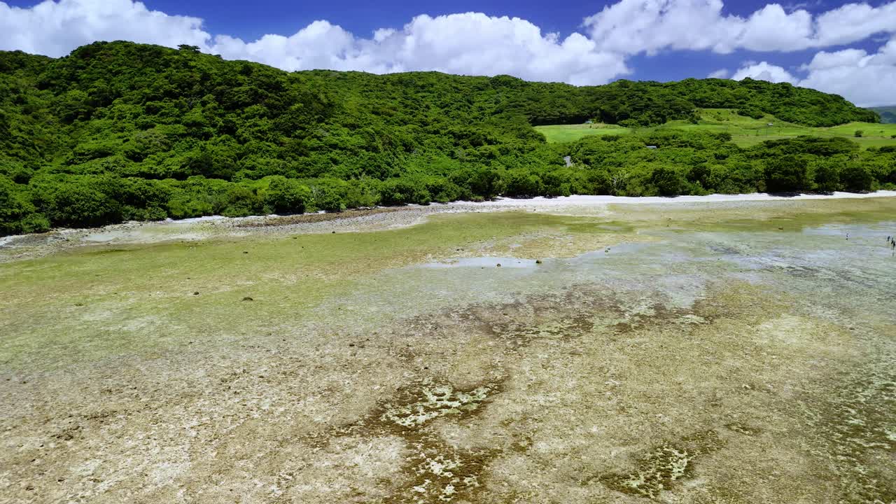 Rekaman drone yang menakjubkan terbang di atas terumbu karang yang hidup dan perairan pirus menuju garis pantai tropis hijau subur di bawah langit biru cerah di Ishigaki