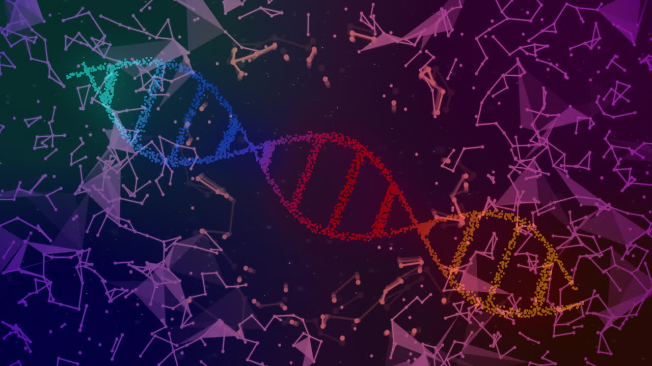 animación de la cadena de adn y procesamiento de datos digitales con conexiones sobre fondo negro