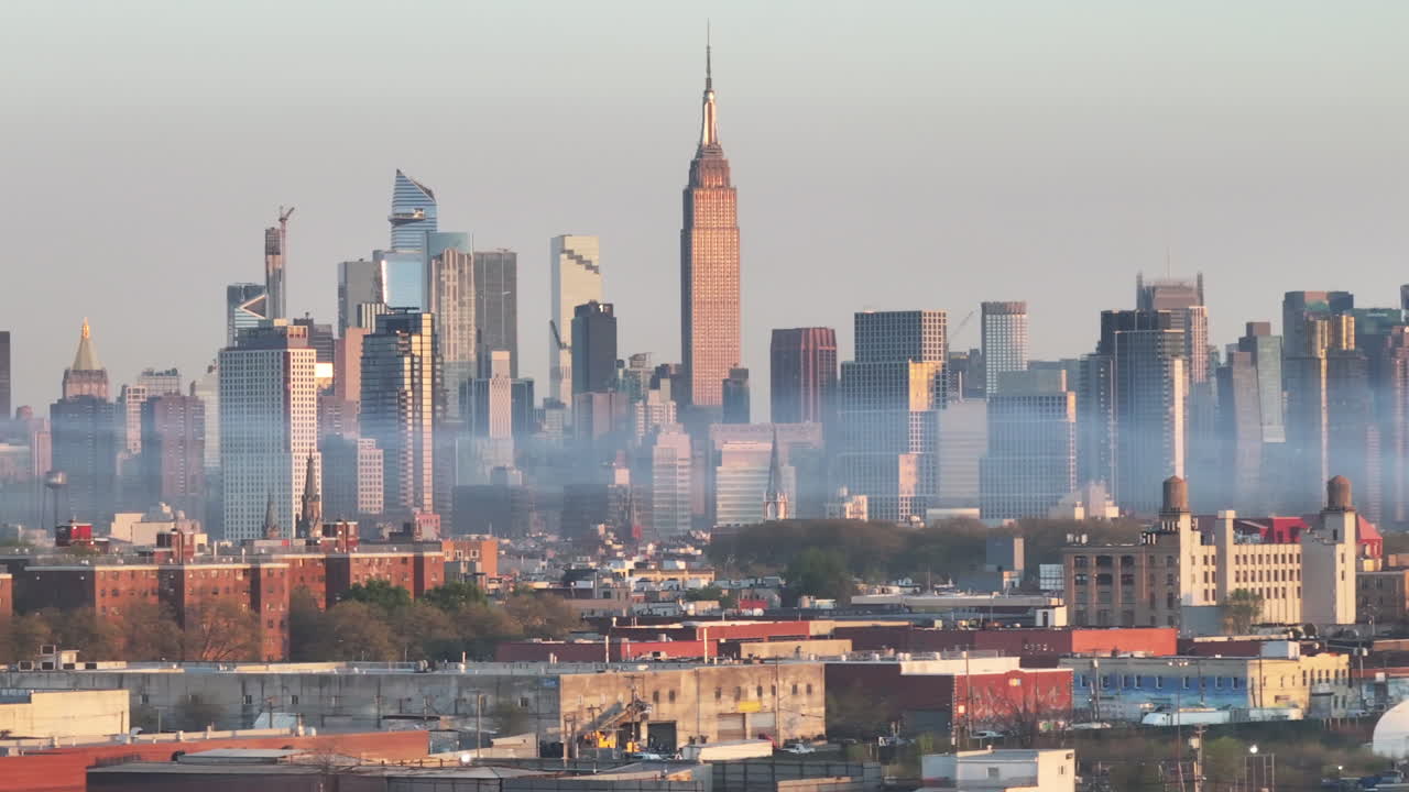 Aerial view of New York City at sunrise. Shot in East Williamsburg, Brooklyn.