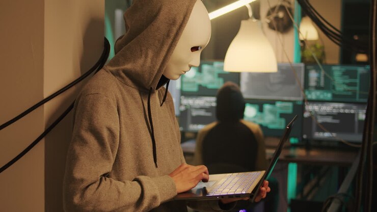 Hacker anonimo con felpa con cappuccio che usa un portatile