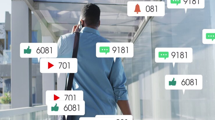Animation of social media icons over african american businessman using smartphone in airport