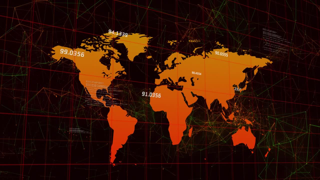 animación de números cambiando el procesamiento de datos sobre el mapa del mundo y la cuadrícula