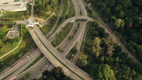 freeway traffic in kuala lumpur, malaysia highway overpass, drone shot