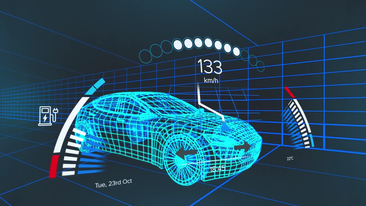 animación del velocímetro sobre un modelo 3d de un coche que se mueve contra un fondo azul
