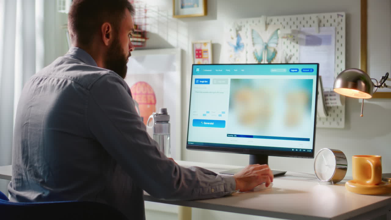 Man working on a computer at home