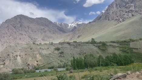 pov from a car driving in the road with mountain range, river, and poplar trees view at summer in ladakh, india