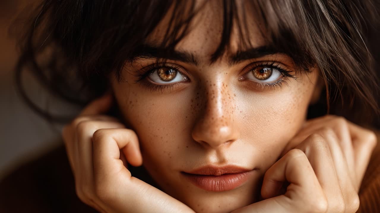 A Captivating Portrait of a Young Woman with Striking Features, Expressive Eyes, and Natural Beauty, Highlighting Emotions and Intimacy in a Soft Light Setting