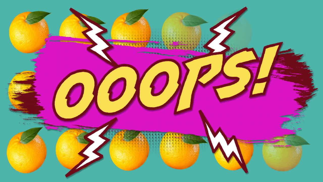 Animation of oops text on purple paint with white lightning bolts over oranges on blue background