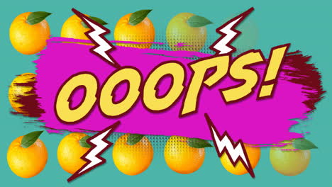 animation of oops text on purple paint with white lightning bolts over oranges on blue background