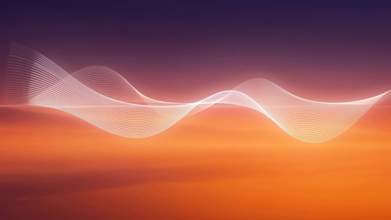 Abstract digital backdrop with flowing white wave lines crossing smooth purple, pink, orange gradient field, viewed straight on with panoramic framing, soft glow, layered curves, airy modern energy