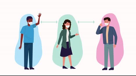 personas que usan máscaras médicas con distancia social