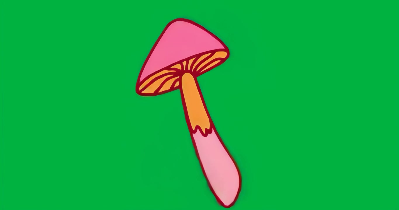 Fungo con cappello rosa e lamelle arancioni che appare ondeggiando sotto un'aura blu su uno sfondo chiaro, evocando fantasia