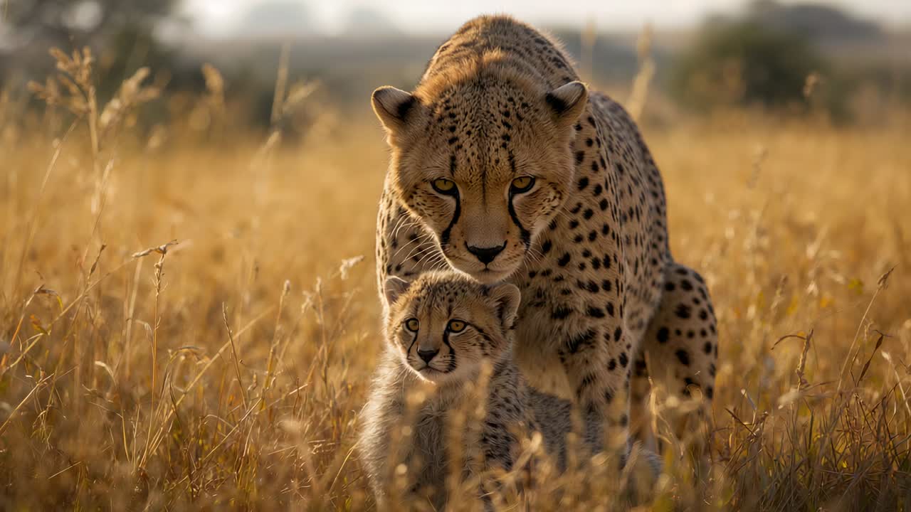 Emerging mother cheetah protecting cub crouching and scanning view in sunlit savanna, golden grass