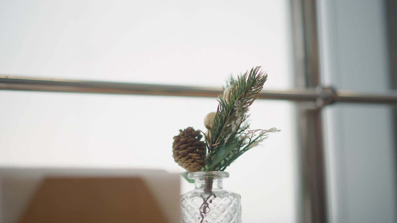 Composizione di pigne in un vaso di vetro decorato accanto a una finestra luminosa, con un rametto sempreverde leggermente inclinato in avanti, luce diurna soffusa, sfondo interno sfocato, decorazione domestica stagionale calma su tavolo o.