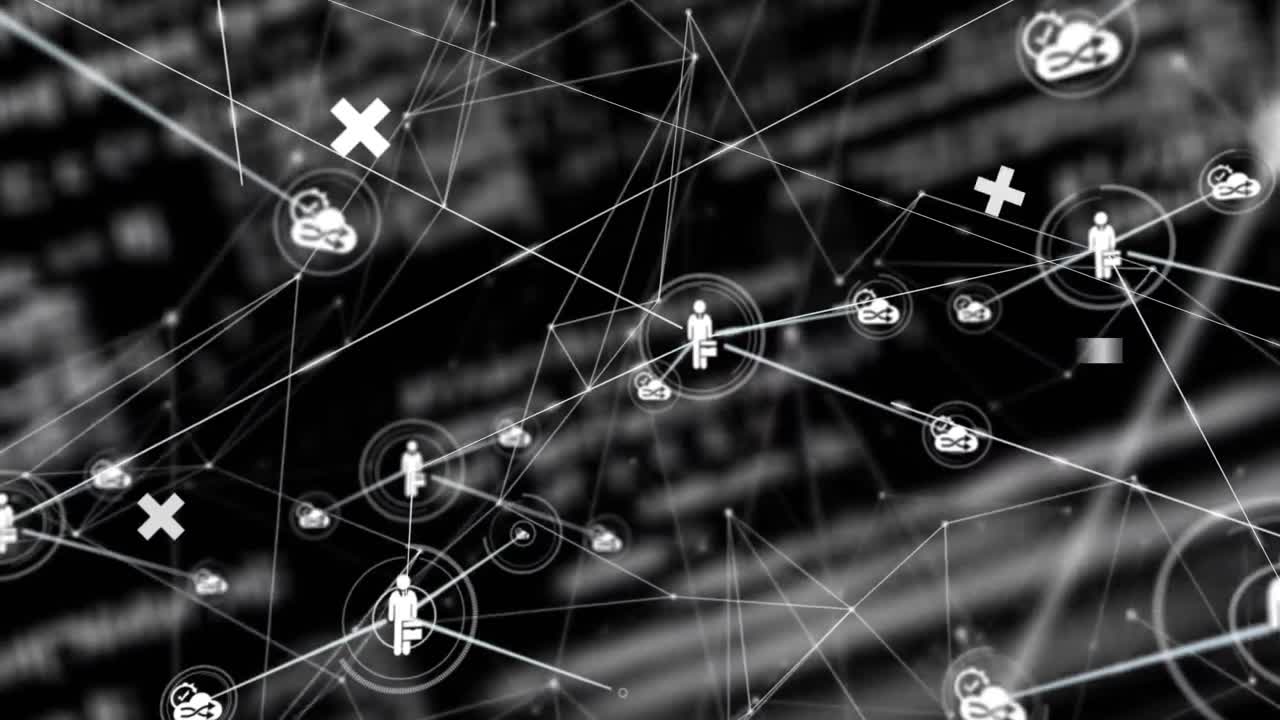 animación de la red de personas conectadas e iconos de nube con información en blanco sobre negro
