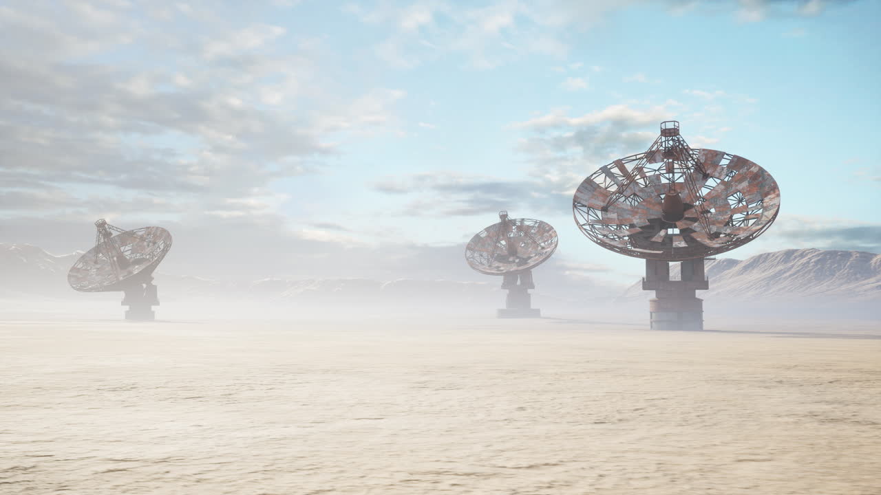 Unusual art display showcasing large radio telescopes in wilderness