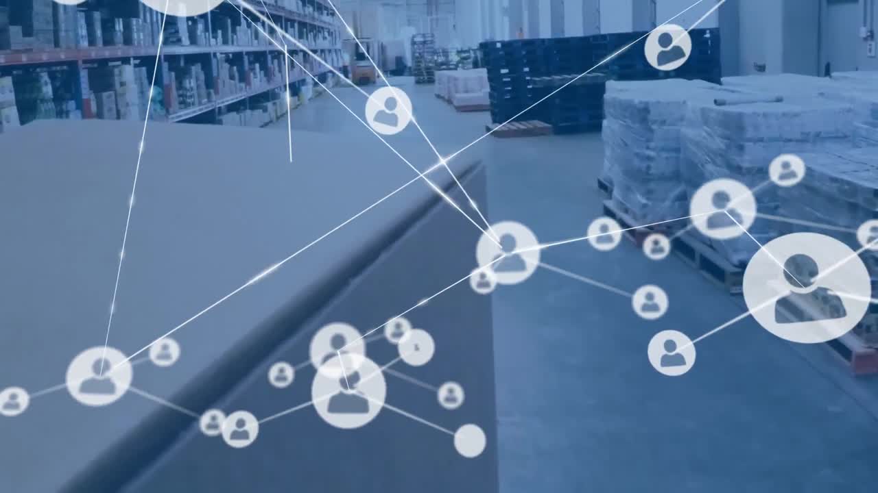 composición digital de la red de iconos de perfil contra el almacén en segundo plano