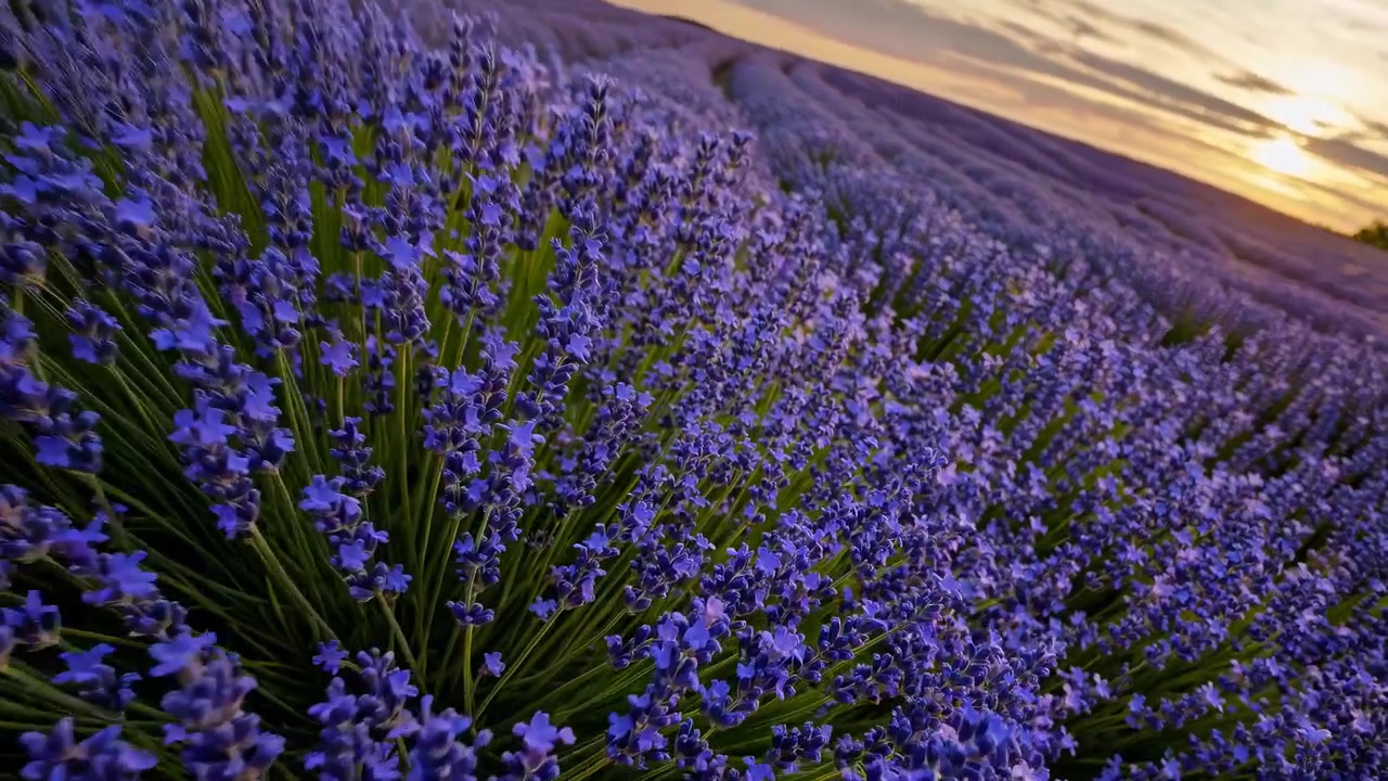 Campo di lavanda in fiore al tramonto in Provenza