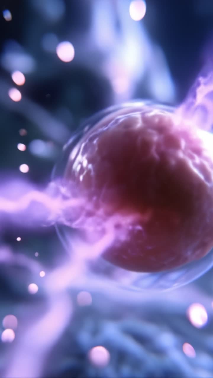 Oleada de energía dinámica en una célula microscópica: visual cautivador de fuerzas eléctricas que rodean una estructura biológica vibrante en un entorno etéreo.