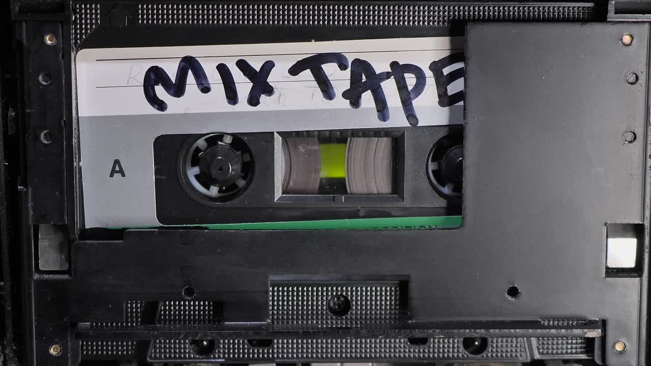 Cassette Tape. Man Playing Audio Cassette. Vintage Tape Recorder cassette tape inserted therein. Slide dolly shot.