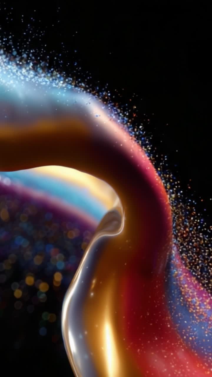A Vibrant and Shimmering Wave of Colorful Particles Dancing in a Fluid Movement Against a Dark Background, Captivating the Eye with Glossy Highlights