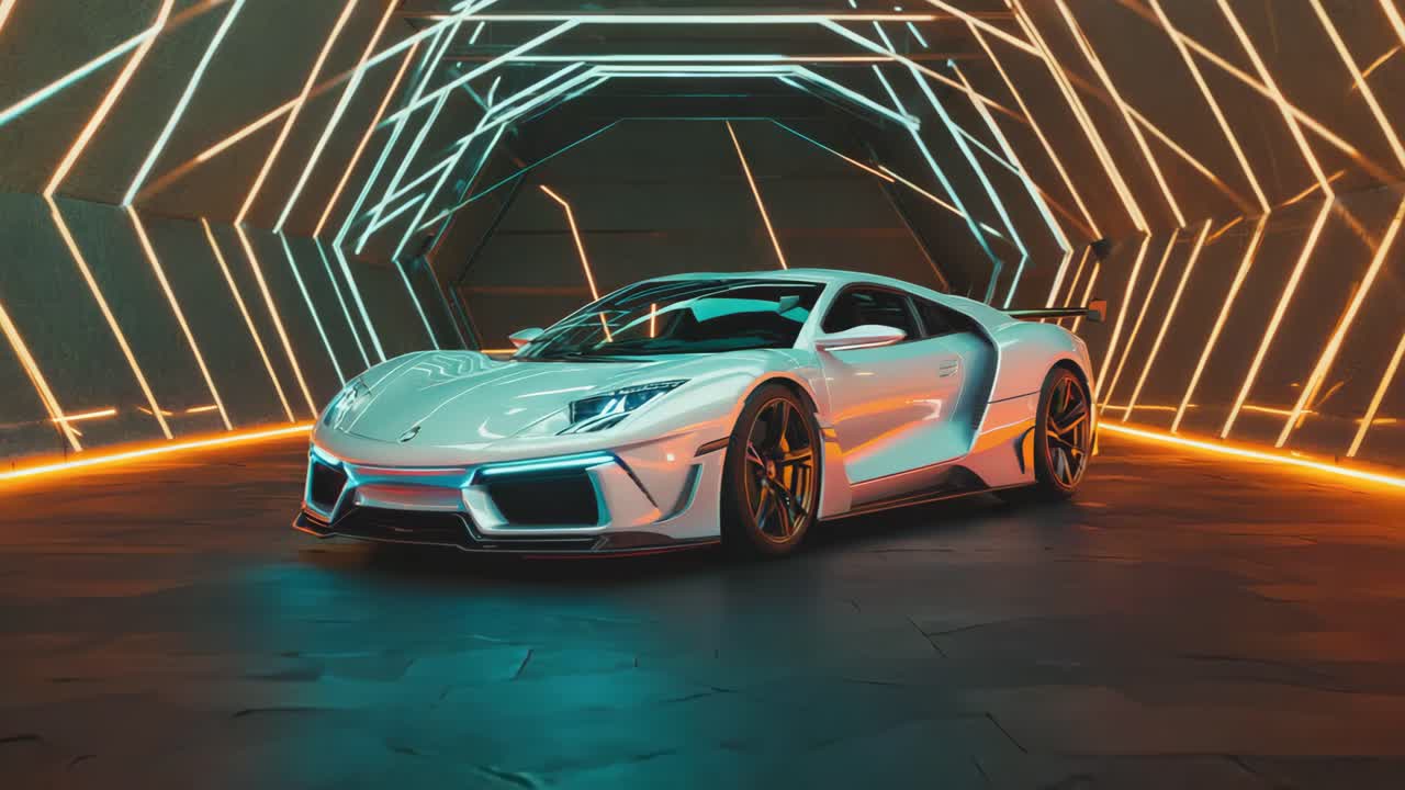 Futuristic White Sports Car in Neon-Lit Hexagonal Tunnel
