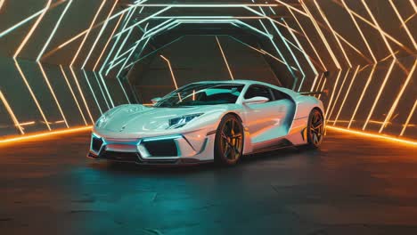 futuristic white sports car in neon-lit hexagonal tunnel