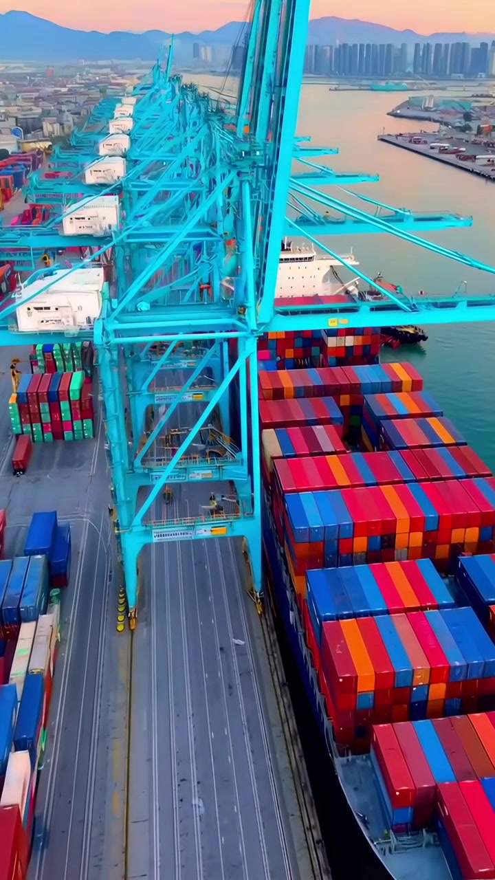 Veduta aerea di una nave portacontainer in fase di carico in un trafficato terminal portuale