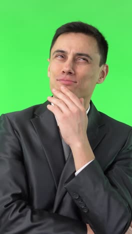 man in suit with various thinking and contemplative expressions on green screen