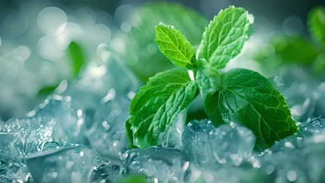 fresh mint on ice cubes